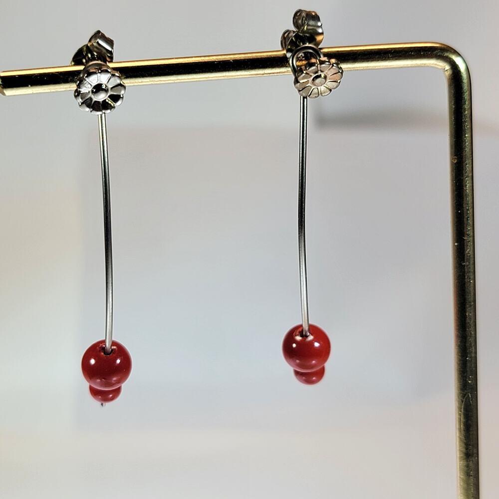 Vintage Red Bead Dangle Earrings – Floral Metal Back with Long Hook Design